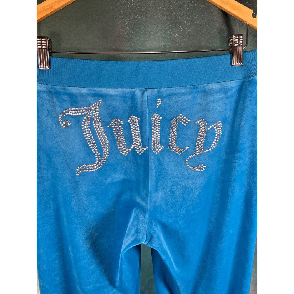 Juicy Couture‎ Blue Velour Rhinestone Logo Track Pants Small Y2K Straight Leg - Picture 3 of 5